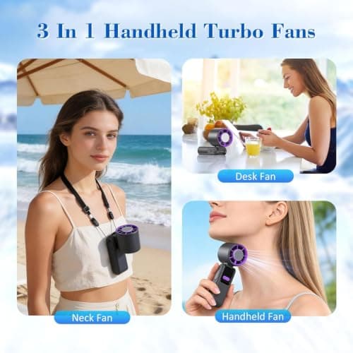 MEMSJIUWEN Upgraded Portable Handheld Neck Fan with 199 Speed Settings, Digital Display, LED Flashlight, Rechargeable 3-in-1 Personal Cooling Fan for Travel Outdoor Sports - Dark Gray — view 2