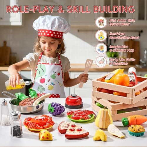 Play Kitchen Accessories, Large Stainless Steel Toddler Cooking Set, Kids Kitchen Playset with Cutting Play Food, Condiments, Chef Apron & Hat, Service Bell, Toy Food with 2 Baskets, Boys Girls Gifts. — view 5