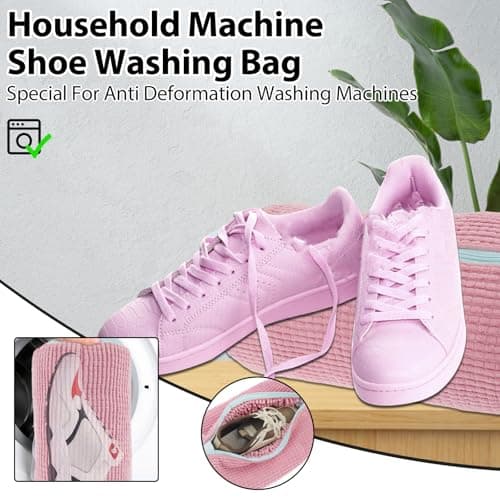 2Pcs Shoe Washing Machine Bag, Shoe Cleaning Bag with Zipper & Hook, Reusable Shoe Laundry Bag, Trainer Washing Machine Bag for Sneakers Canvas Tennis Running Shoes 39x19cm(Rose) — view 3