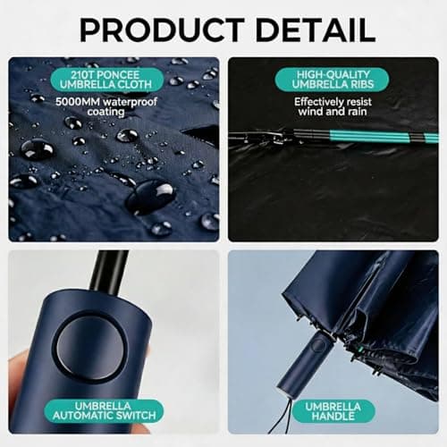 Compact Windproof Travel Umbrella, 12-Rib 3+2 Fiberglass Reinforced Frame, Auto Open & Close, Lightweight Portable Folding Umbrella, Waterproof Durable Umbrella for Daily Commute Outdoor Rain，Navy — view 3