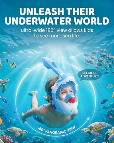Torlaist Full Face Snorkel Mask Kids Blue Shark Designed for 5-10 Years Old - 180°Super High-Definition View, Anti-Fog, Anti-Leak, and Dry Top Function for Kids Snorkel Mask Diving — view 4
