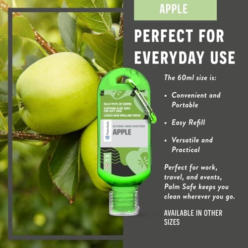 Palm Safe Apple 3 Pack 60ml Anti Bacterial Premium Hand Sanitiser Travel Size Refillable Clip Bottle Quick Drying Non Sticky Extra Moisturising Kills 99.9% of Viruses and Bacteria — view 5