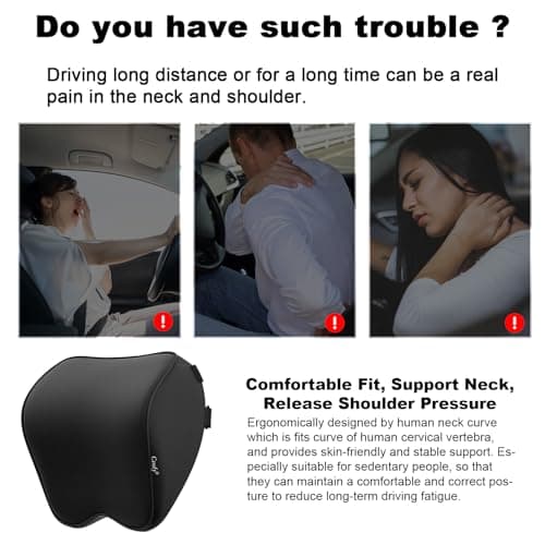 Crofy 2-Pack Car Neck Pillow, Softness Car Headrest Pillow for Driving with Adjustable Strap, 100% Memory Foam and Breathable Removable Cover, Comfortable Ergonomic Design, Black — view 4