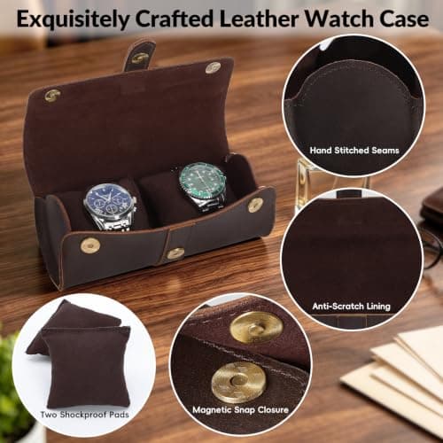 TIDING Genuine Leather Watch Travel Case 2 Slots Brown — view 5