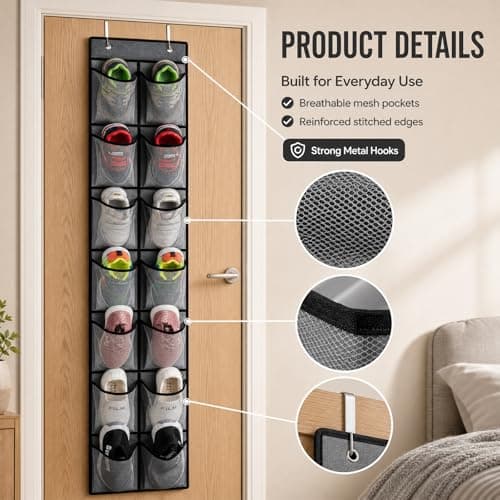 EXQUIMA Over Door Shoe Storage, Hanging Organizer with 14 Large Mesh Pockets and 2 Metal Hooks, 29x165cm, Breathable Non-Woven Fabric, Space Saving, Durable and Foldable, Ideal for Shoes, Toys,Closet — view 3
