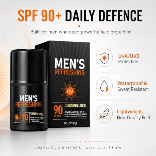 Sunscreen for Men, SPF 90+ Face Sun Cream, Mens SPF Moisturiser, UVA UVB Protection, Water Resistant Sunscreen - Non Greasy Lightweight Sun Lotion for Gym, Commute, Outdoor Sport & Holiday, 50g — view 2