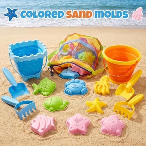 LADFAR Beach Sand Toys Set for Toddlers, Portable Travel Beach Toys with Collapsible Bucket, Shovel, Rake, Molds & Mesh Storage Bag for Kids, Summer Gift (Sunset Orange + Ocean Blue) — view 5