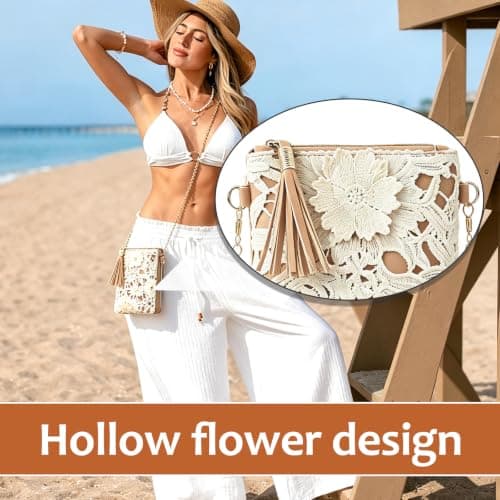 BSITSSS Crossbody Bag,Cut-Out Weave Flowers Cross Body Bag Women with Zipper, Leather Brown Mobile Phone Beach Bags with Metal Chain for Ladies Summer Beach Holiday Travel Dating — view 2