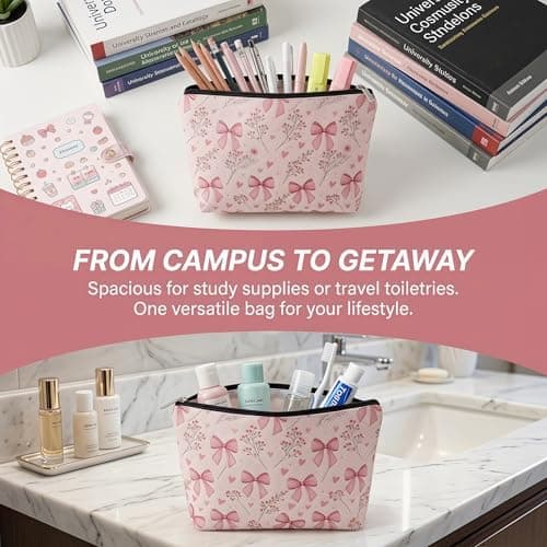 Pink Bow Make up Bag for Women Girls, Cute Coquette Makeup Bags with Zipper, Sweet Lovely Heart, Bow & Floral Preppy Makeup Pouch, Stylish Travel Toiletry Bag Gifts for Womens Teenage Girls — view 5