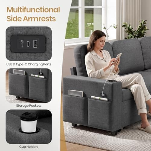 Corner Sofa Bed, U-Shaped Convertible Sleeper Sectional Sofa Bed with Storage, USB & Type-C Ports, Cup Holders and 2 Cushions, 4 Seater Linen Pull Out Couch Bed for Living Room, Bedroom, Grey — view 4
