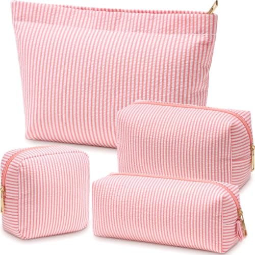 Sanwuta 4 Pcs Seersucker Pouch Striped Makeup Bag Set, Coral Pink
