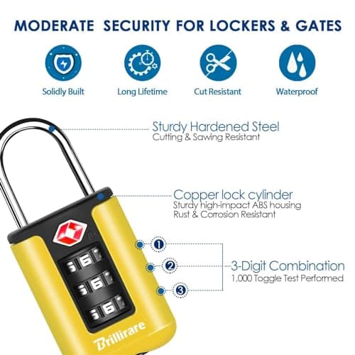 BRILLIRARE 2 Pack TSA Approved Luggage Locks, Combination Travel Padlock, 3-Digit Waterproof Lock, TSA Outdoor Keyless Resettable Lock for Lockers, Bags, Backpack, Gym, Gate-Yellow — view 5