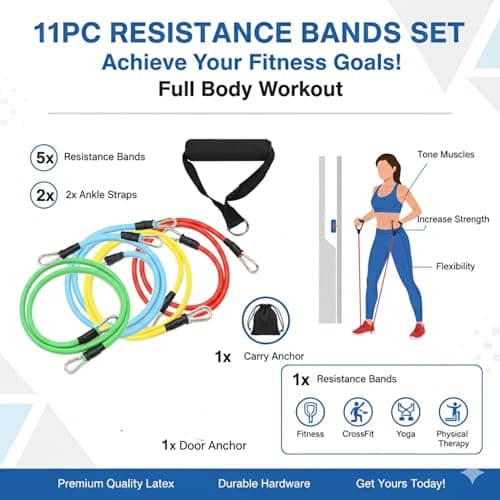 11PC Resistance Bands Set – Exercise Tubes with Handles, Ankle Straps & Door Anchor for Fitness, CrossFit, Yoga & Home Workouts (Pack of 11) — view 6
