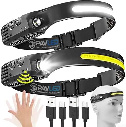 PAVLED Head Torch Rechargeable, LED Headlamp Motion Sensor Headtorch 230° Widen View & 5 Modes, Hands-Free IPX4 Waterproof Head Lamp for Camping,Running,Fishing,Cycling