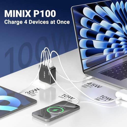 MINIX 100W USB C Ladegerät, 4-Port USB-A/C Foldable Fast PPS Gan Charger (Max 100W/30W/22.5W), Compatible with MacBook Pro/Air, iPad, iPhone 15/16 Pro, Galaxy S24, and More for Home, Traveling — view 2