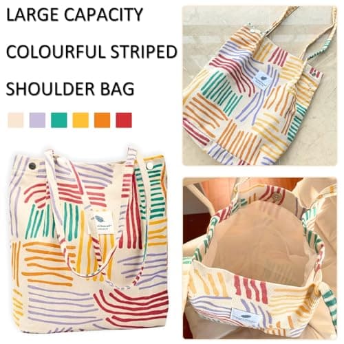 KEYRI Corduroy Totes Bag Women's Shoulder Handbags Cord Bag Large Reusable Carry Bag Pocket Big Capacity Shopping Bag Colourful Stripes Shoulder Bag for School College Travel Work Casual (Colourful) — view 6