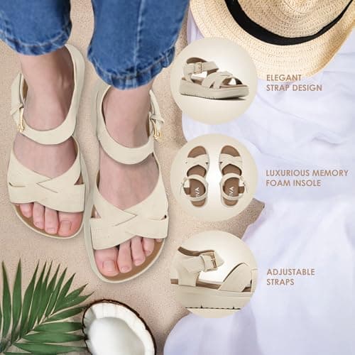 VIVASHOES Women's Lightweight Adjustable Buckle Sandals – Flatform Small wedge Sandal - Soft Comfort Memory Foam Innersoles - True to Size Good for Wide Fit - Comfortable Summer Shoes - Cream 7 — view 5