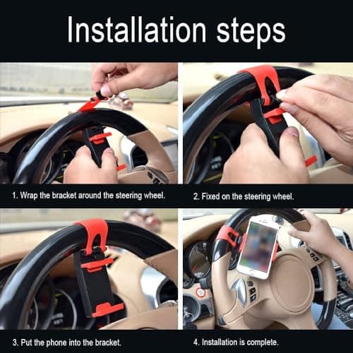KANDUJIMU Car Steering Wheel Phone Mount, Blue, Portable Electronic Device Mount, Compatible with iPhone and Samsung (Red) — view 6