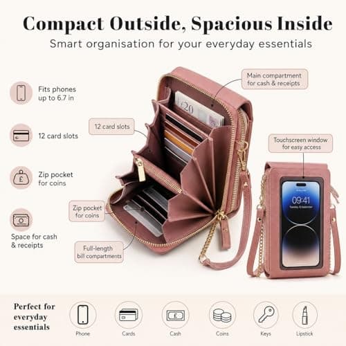 WstaIutno Women's Touch Screen Mobile Phone Messenger Bag, Touchscreen Crossbody Phone Wallet, Anti-Theft Leather Bag with Blocking Card Slots (Beige) — view 3
