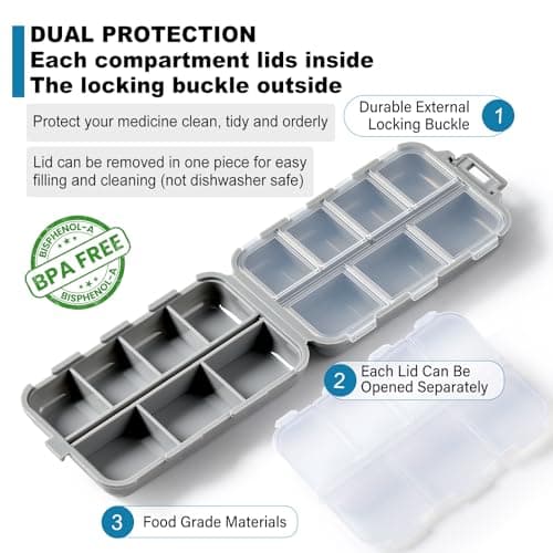 14 GRIDS Travel Pill Organizer Box with Labels - Travel Medicine Case Kit - Pocket Daily Pharmacy Container - Travel Medication Holder Dispenser for Fish Oil Vitamin Supplement Storage - Grey — view 6