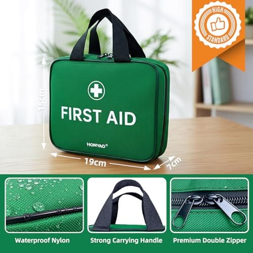 HONYAO First Aid Kit 180 Pcs, Premium Medical Kit for Home Car Workplace Travel Camping Sports Kids, Includes Eyewash, 2 x Instant Cold Packs, 2 x Burn Gel, Emergency Blanket, Plasters, Green — view 3