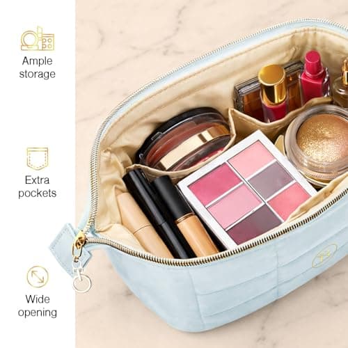 Quilted Blue Makeup Bag for Women, Travel Toiletry Bag with Wide-Open Top & Zipper Pouch, Travel Makeup Case Organizer with Internal Pockets, Puffy Cosmetic Pouch for Everyday Essentials — view 2