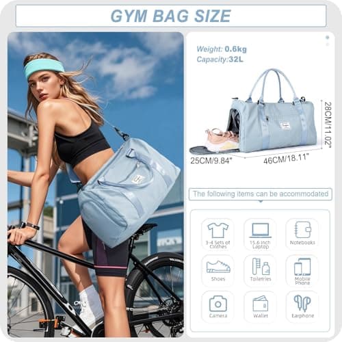 HYC00 Gym Bags Women Men Sports Duffle Bag with Shoes Compartment & Wet Pocket,Travel Duffel Bags for Women Large Weekend Overnight Holdall for Hospital Swimming Carry on Hand Luggage Bag,Sky Blue — view 2