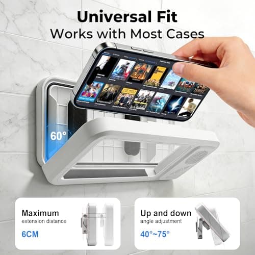 MRLTOP Waterproof Shower Phone Holder with Bluetooth Speaker IPX5 Bathroom Phone Mount 360 Rotatable Suction Cup Wall Mount Universal Compatibility — view 3
