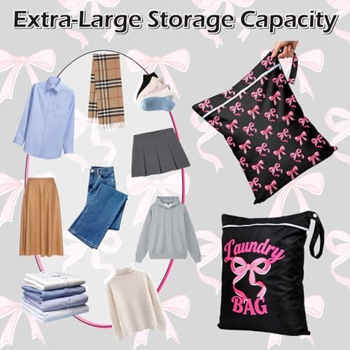 2PC Travel Laundry Bags, 55X45CM Large Waterproof Laundry Bags with Side Handles & Zippers, Dirty Clothes Organiser for Travel & Home Use (Pink Bows on Black Background) — view 6