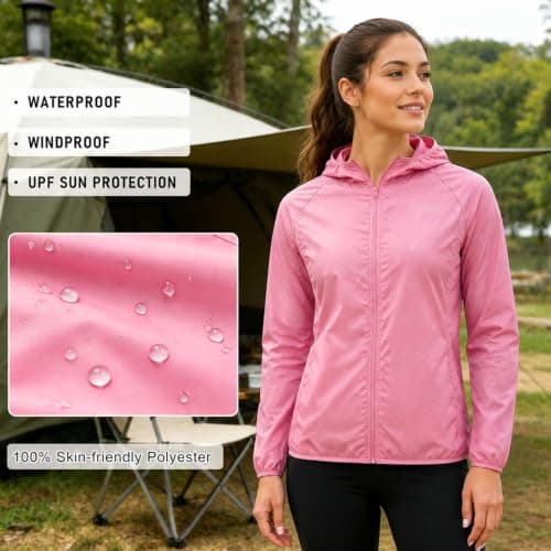 ADUDVLO Men's Lightweight Waterproof Jacket with Pockets, Packable Hooded Windproof Rain Jacket for Travel, Running & Hiking – Includes Carry Pouch (UK, Alpha, S, Regular, Regular, Pink) — view 4