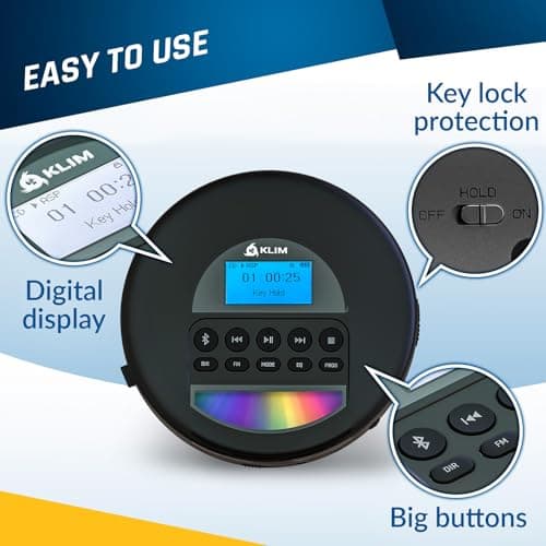 KLIM Nomad Portable CD Player with Long-Lasting Battery - with Headphones - Radio FM - Compatible MP3 CD Player Portable - 16GB TF Card - Radio FM Bluetooth - Ideal for Cars - Black — view 4