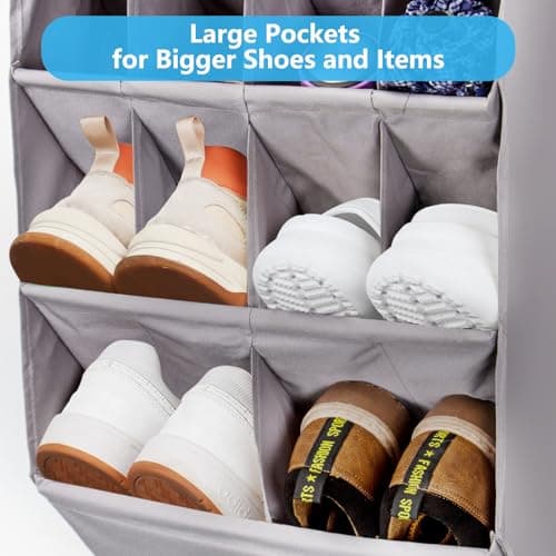 FENTEC Over Door Shoe Storage, Door Shoe Organizer 14 Pockets, Hanging Shoe Storage Organiser Back of Door Shoe Rack, Sturdy 600D Oxford Fabric with 3 Hooks for Space Saving, Heavy Duty, Grey — view 2