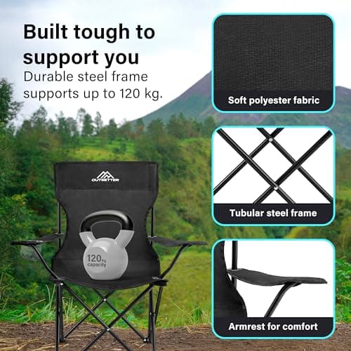 Camping Chair | Lightweight Folding | Portable Chairs for Outdoors | Cup Holder | Storage Cover | Outdoor Leisure Chair Durable with Arm Rest for the Beach, Lawn, Fishing Trip Garden and BBQs Black — view 4