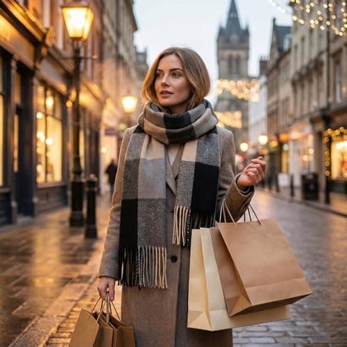 Women's Checked Winter Scarf, Charcoal Grey and Beige, Fringed Ends — view 6