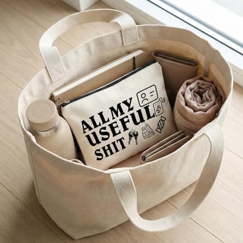 Large Cream Canvas Makeup & Toiletry Bag for Travel and Commuting - Spacious Zipper Pouch for Cosmetics, Electronics, Snacks, Chargers, and Essential Storage with Humorous Design All My Useful Shit — view 6
