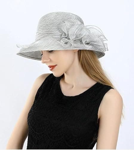 Ladies Foldable Organza Sun Hat Summer Church Hats Wide Brim Ascot Race Derby Hat for Cocktail/Wedding Party Hats Anti-UV Beach Sun Hat Bucket Cap Travel Holiday Cap (UK, Alpha, One Size, Light Grey) — view 3