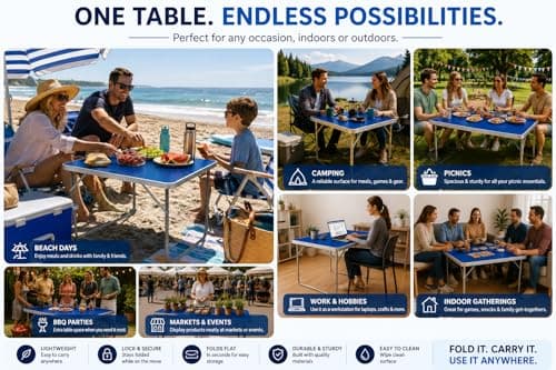 Unibos Camping Table Portable Picnic Table Aluminium Folding Table Indoor Outdoor Table Heavy Duty Garden Trestle Set for BBQ Picnic Party, Load Capacity 15KG (Blue) — view 5