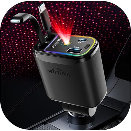 WHATOOK Retractable Car Charger Adapter: 4 in 1 Cigarette Lighter with Starry Sky LED,66W Fast USB C Mobile Phone Automobile Charger, Ford Fiesta Car Accessories Gadgets Gifts for Men Women Christmas