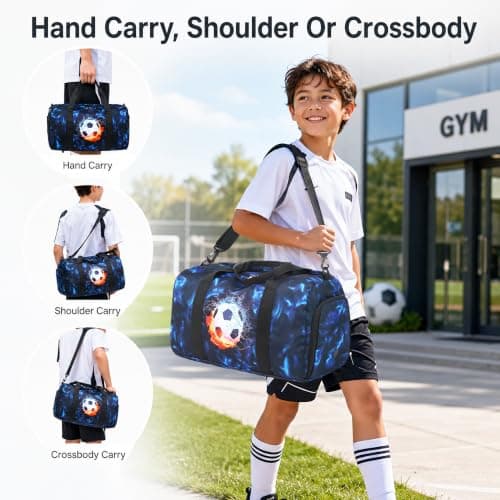 Kids Duffle Bag Girls Overnight Travel Sport Gym Bag Weekender Carry On Shoulder Bag with Shoe Compartment & Wet Pocket, Football Black Blue, L, Kids Duffle Bag — view 3