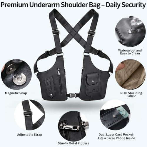 Underarm Shoulder Bag for Men & Women - Hidden Anti-Theft Double Shoulder Armpit Bag, Faux Leather RFID Protection with Elastic Connecting Strap for Travel, Work and Hiking — view 4