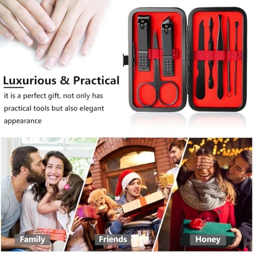 URAQT Professional Manicure Set, 8 pcs Portable Nail Clippers & Eyebrow Grooming Kit, Stainless Steel Nail Care Tools with Luxurious Leather Case for Travel & Home（Black-Red） — view 4