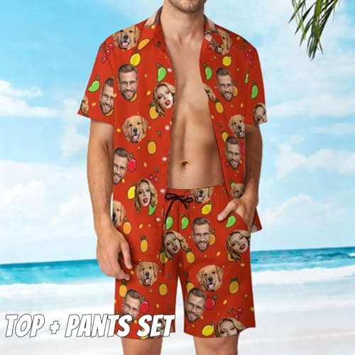 Budelym Personalized Men's Hawaiian Shirts and Shorts Set, Summer Travel Set/Funny Button Down Tropical Floral Beach Set, with Beach Bag/Bucket hat/Flip-Flops — view 4