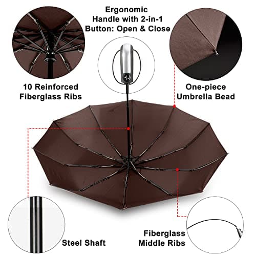 TradMall Travel Umbrella Windproof with 46/56 Inches Large Canopy 10 Reinforced Fiberglass Ribs Ergonomic Handle Auto Open & Close, Brown, 56 Inches — view 4