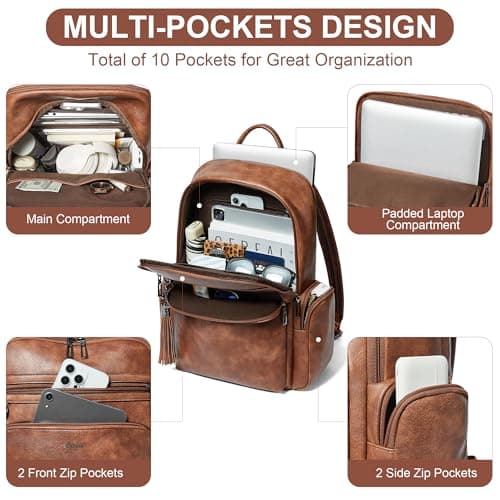 Shrrie Laptop Backpack for Women,Designer Vegan Leather Backpack for Women 16 Inch Computer Backpacks with Laptop Compartment for Business Work College Travel-Brown — view 3