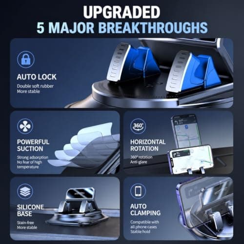 Woeetuop Car Phone Holder for Car, 360° Dashboard Phone Mount with Auto Lock, Anti-Slip Adhesive Base & Mirror Panel, Rotatable Mobile Phone Holder for Navigation, Most Smartphones — view 2
