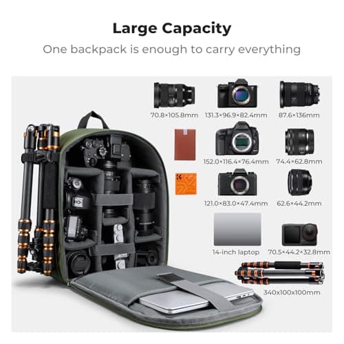 K&F CONCEPT Camera Backpacks for Photographers Travel Bag for Tripod Camera Lence Accessory with Laptop Compartment and Rain Cover (Green-pu) — view 3