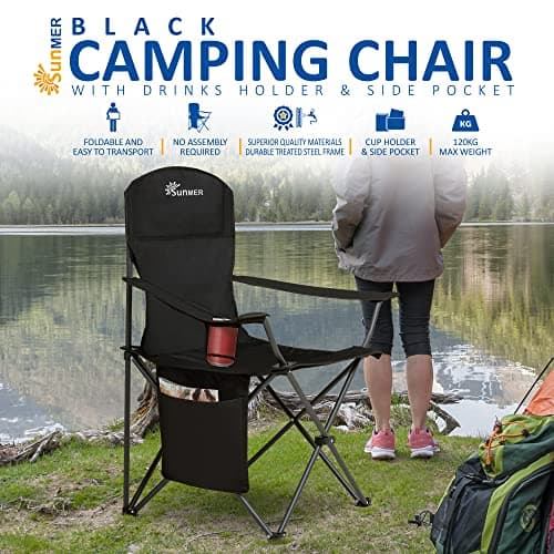SUNMER Folding Camping Chairs, Extra Wide Lightweight Outdoor Chairs with Armrests and Cup Holder, 120 kg Capacity - Black — view 4