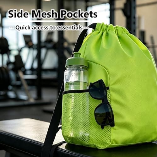 Toced Drawstring Bag, Unisex Large Sports Backpack String Drawstring PE Bags, Sport Gym Sack have Two Side Pockets, Travel Beach Swim School Bag with Waterproof (Green) — view 6