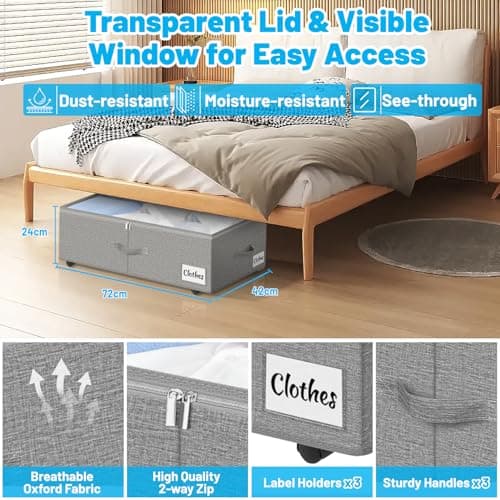 Kukikan Under Bed Storage on Wheels, 2-Pack 24 CM XXL 75L Rolling Under Bed Storage Bag with Zip, Simple Assembly Under Bed Storage Box with Lid & Label, Under Bed Drawers for Clothing, Shoes, Grey — view 3