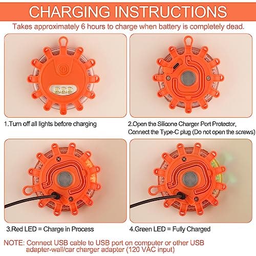 Amzpas USB Rechargeable LED Road Flares Emergency Lights-Roadside Warning Car Safety Beacon Flashing Disc Flare Kit with Magnetic Base & Hook for Vehicles & Boat(3 Pack-Orange Light) — view 5